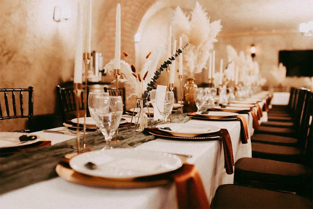 Decorated dining table at small wedding venue