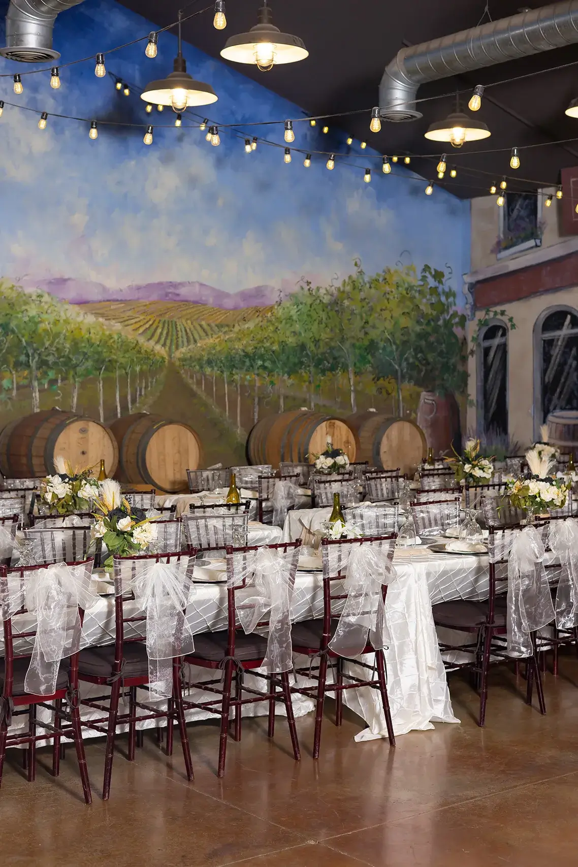 The indoor reception area, fully decorated with tablescapes for easy wedding planning