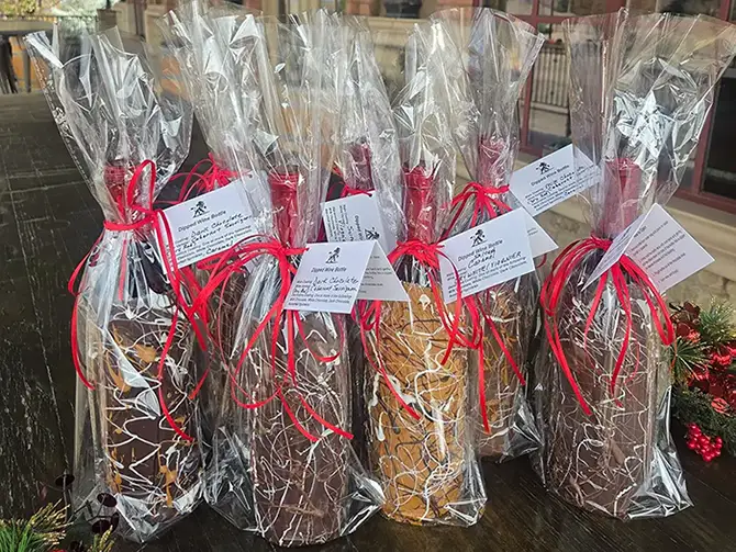 chocolate-dipped wine bottles